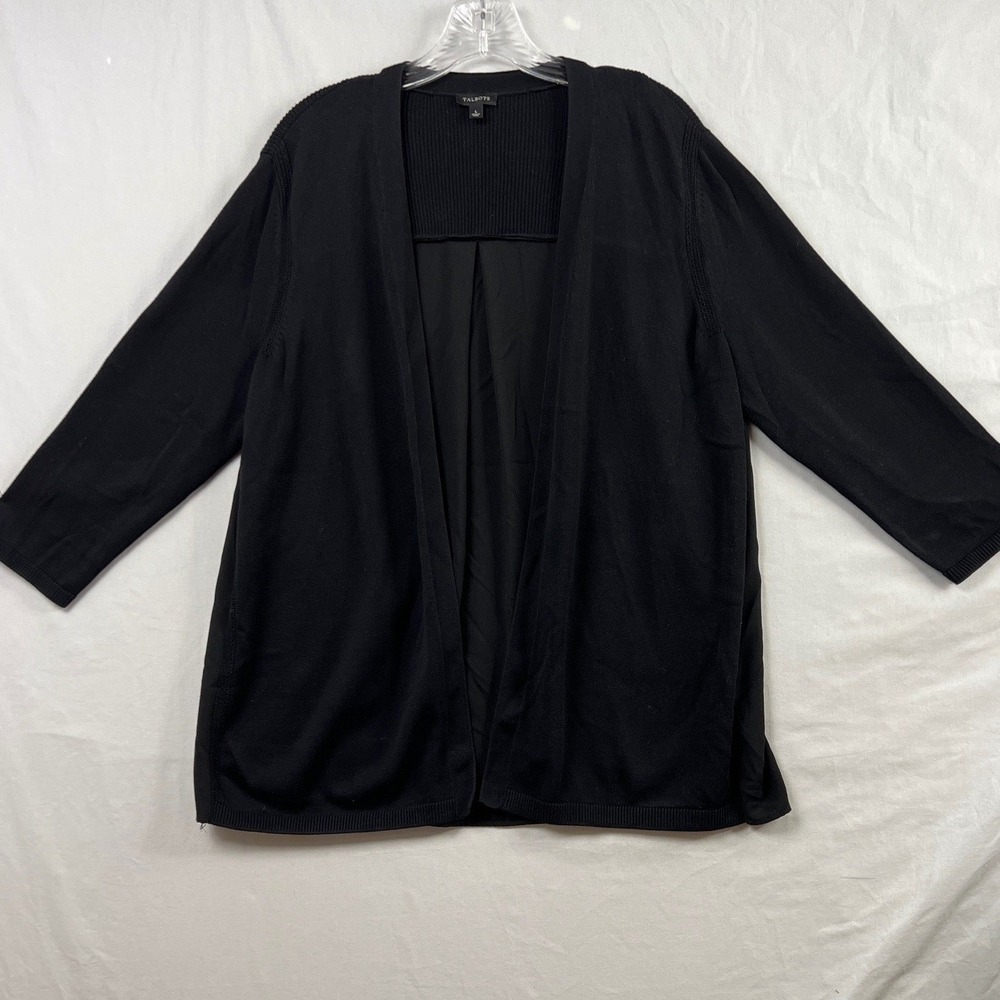 Talbots Cardigan Women Large Black Mixed Media Open Front 3/4 Sleeve Pleated
